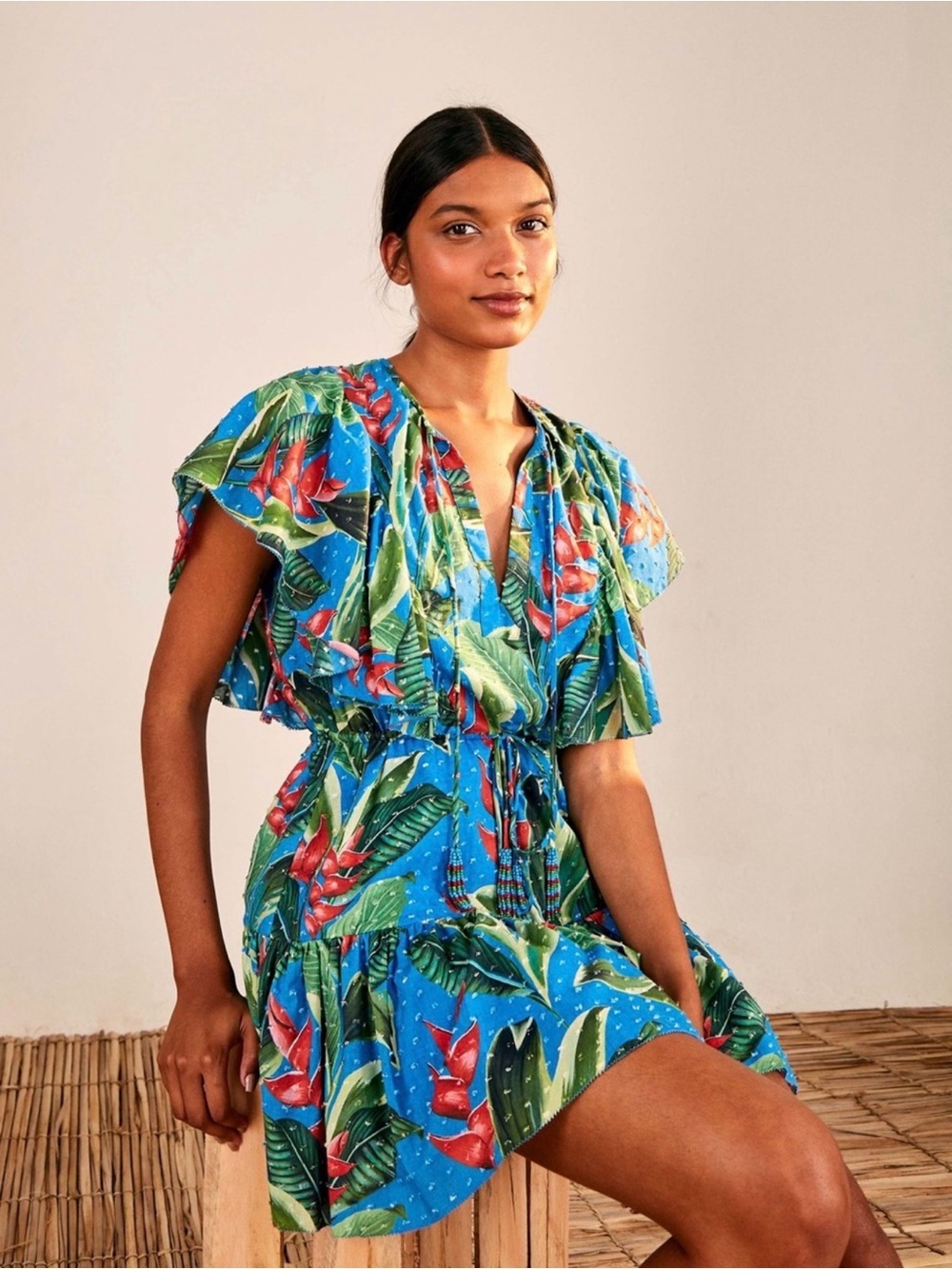 FARM Rio Blue Tropical Mini Dress with Green and Red Accents